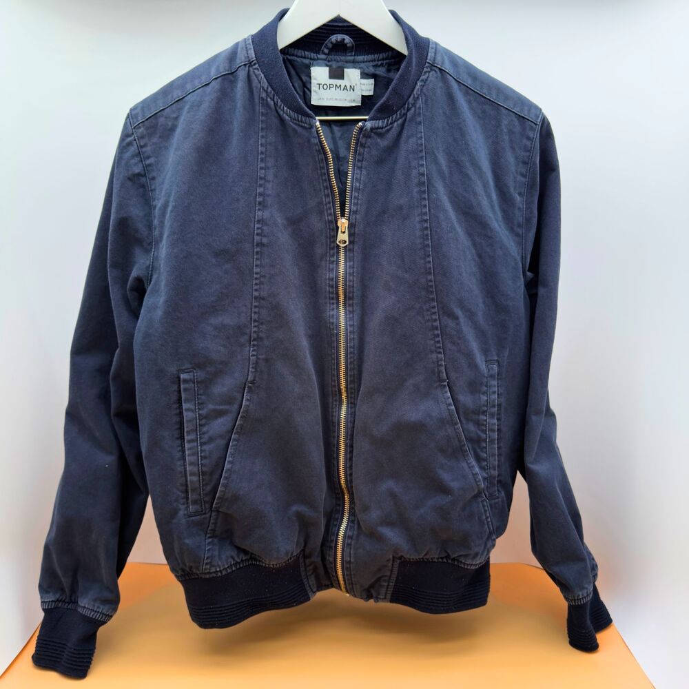 Topman Men’s Navy Cotton Bomber Jacket – Size M, Gold Zip, Casual Classic